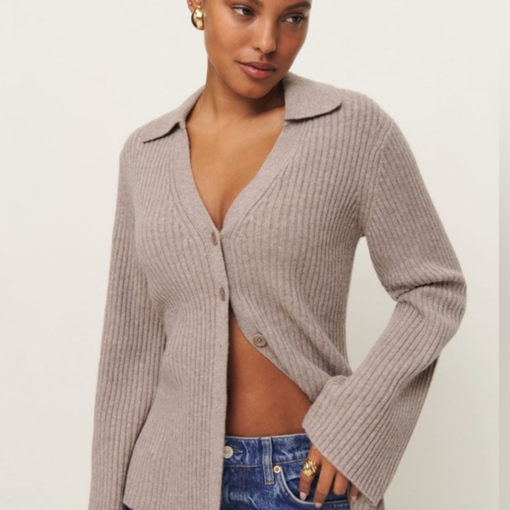 Reformation NEW Shea Cashmere Collared Cardigan in Toast - Picture 3 of 8